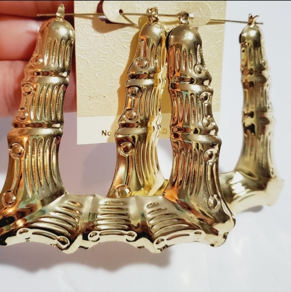 Large bamboo hoop earrings, square bamboo earrings for women. 3.0 Inches - Picture 5 of 8